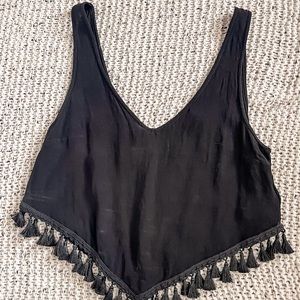 Black Cropped Tank with Fringe